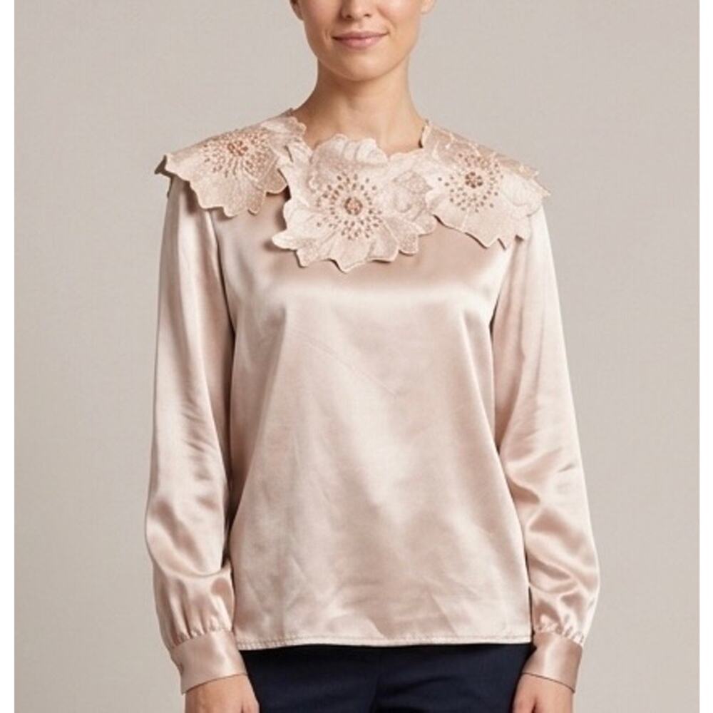 Maggy New York VTG 80s Regency Blouse Top Beaded Flower Collar Champagne